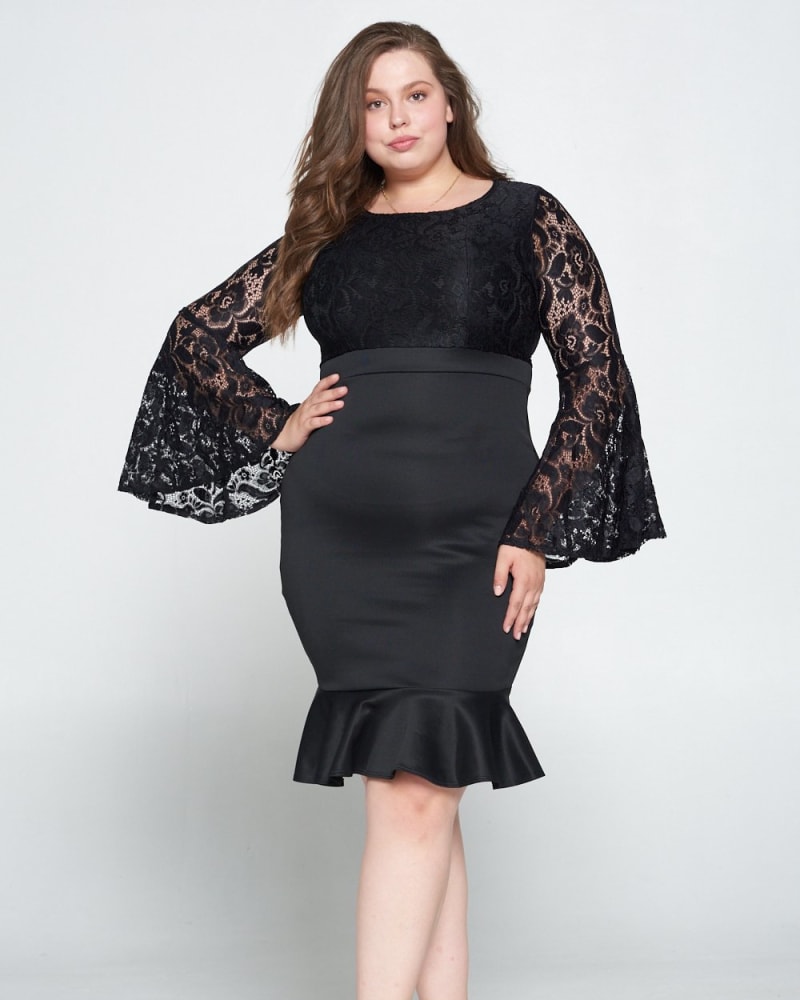 Front of a model wearing a size 1X Bell Sleeve Lace Dress in Black by L I V D. | dia_product_style_image_id:240137